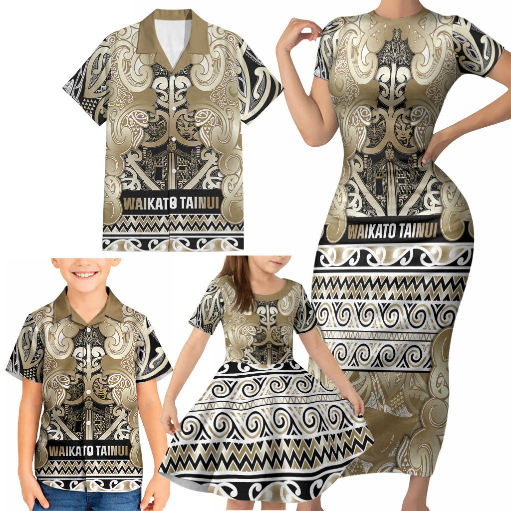 Aotearoa Iwi Waikato Tainui Family Matching Short Sleeve Bodycon Dress and Hawaiian Shirt Maori Wharenui House Tribal Pattern