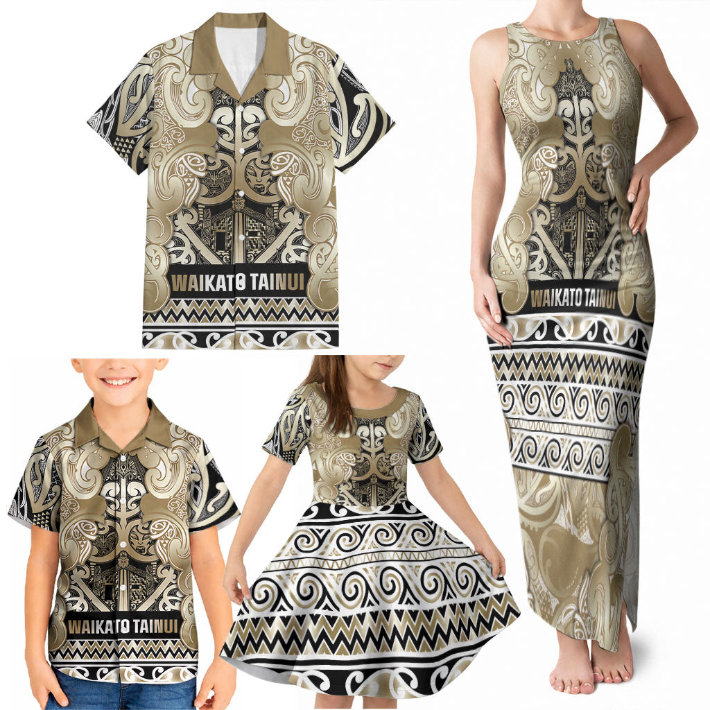 Aotearoa Iwi Waikato Tainui Family Matching Tank Maxi Dress and Hawaiian Shirt Maori Wharenui House Tribal Pattern