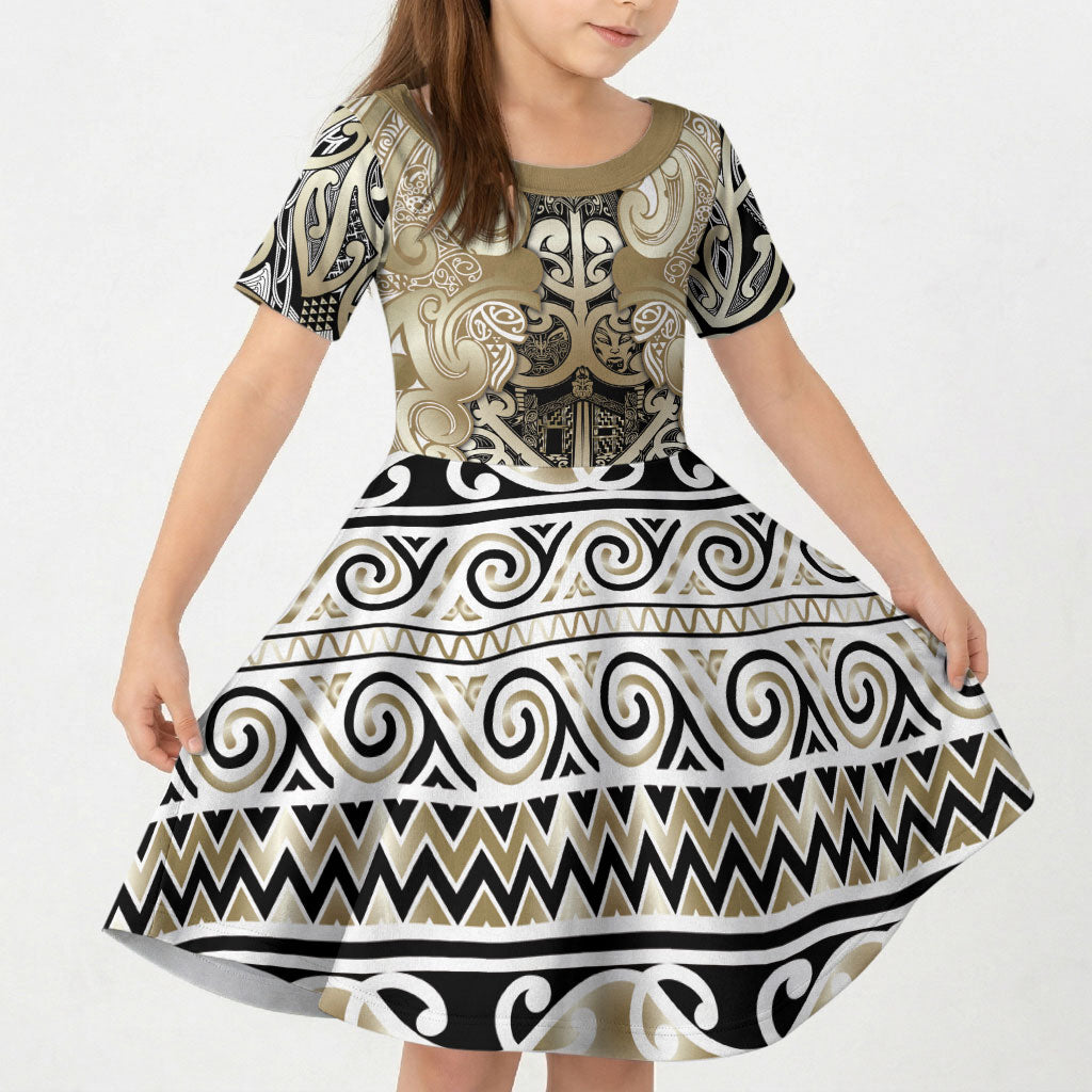 Aotearoa Iwi Waikato Tainui Kid Short Sleeve Dress Maori Wharenui House Tribal Pattern
