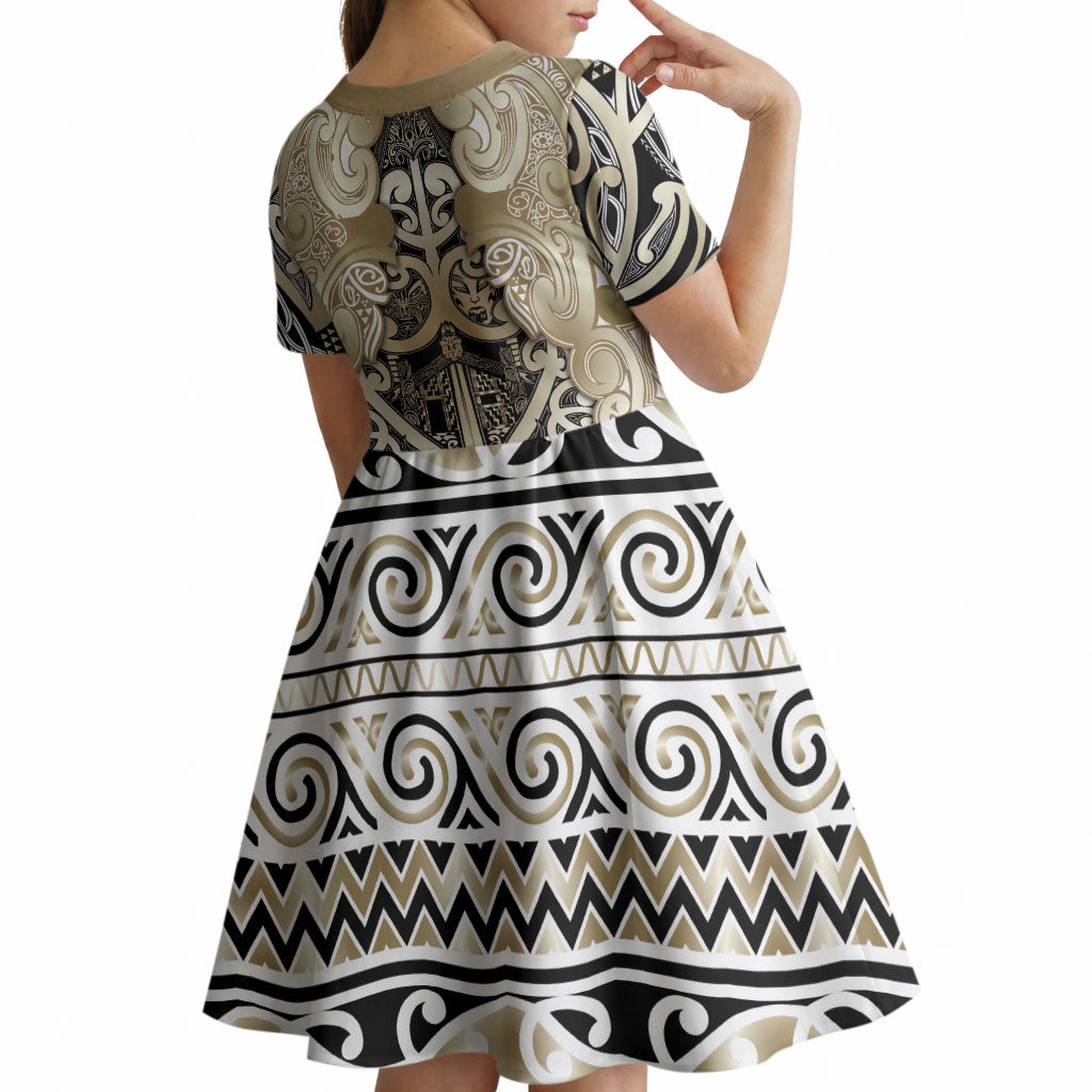Aotearoa Iwi Waikato Tainui Kid Short Sleeve Dress Maori Wharenui House Tribal Pattern