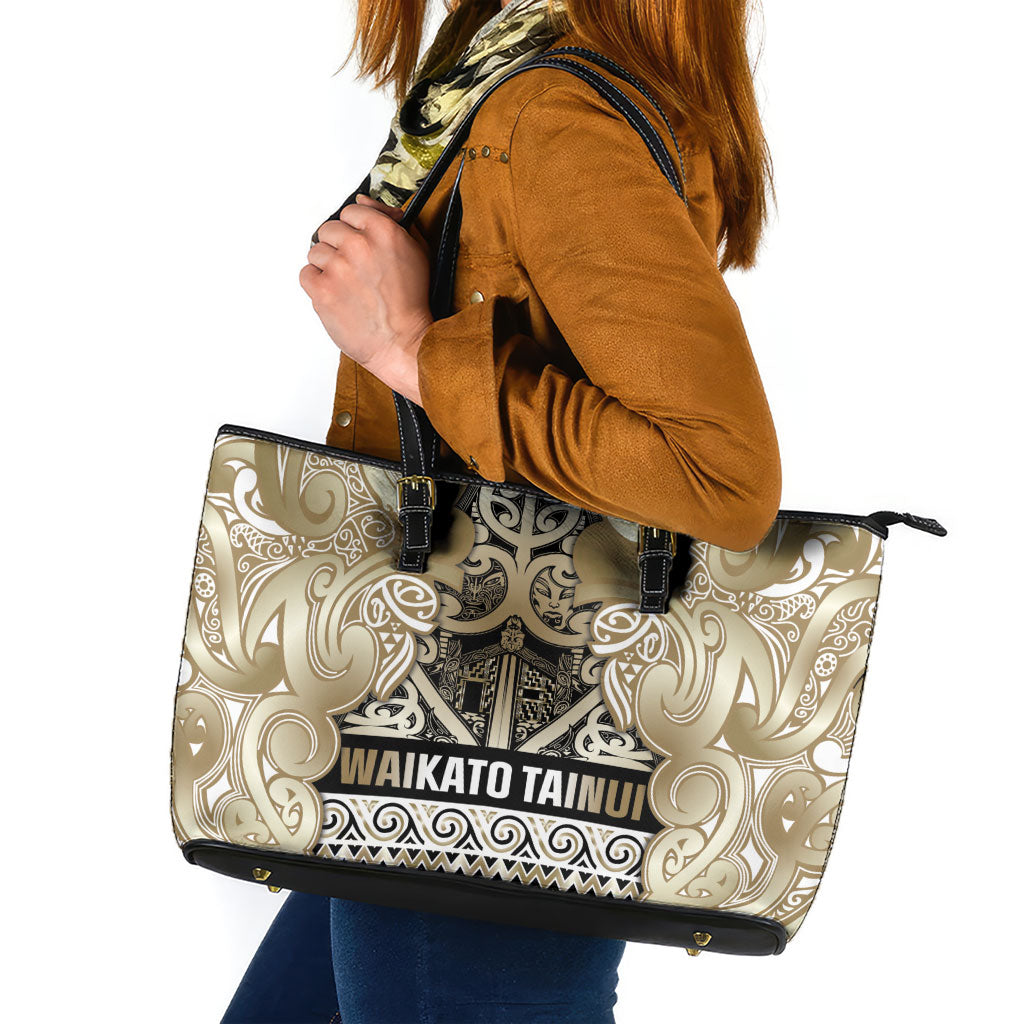 Aotearoa Iwi Waikato Tainui Leather Tote Bag Maori Wharenui House Tribal Pattern