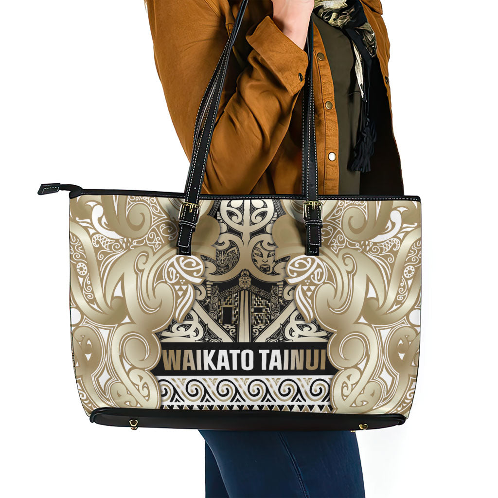 Aotearoa Iwi Waikato Tainui Leather Tote Bag Maori Wharenui House Tribal Pattern