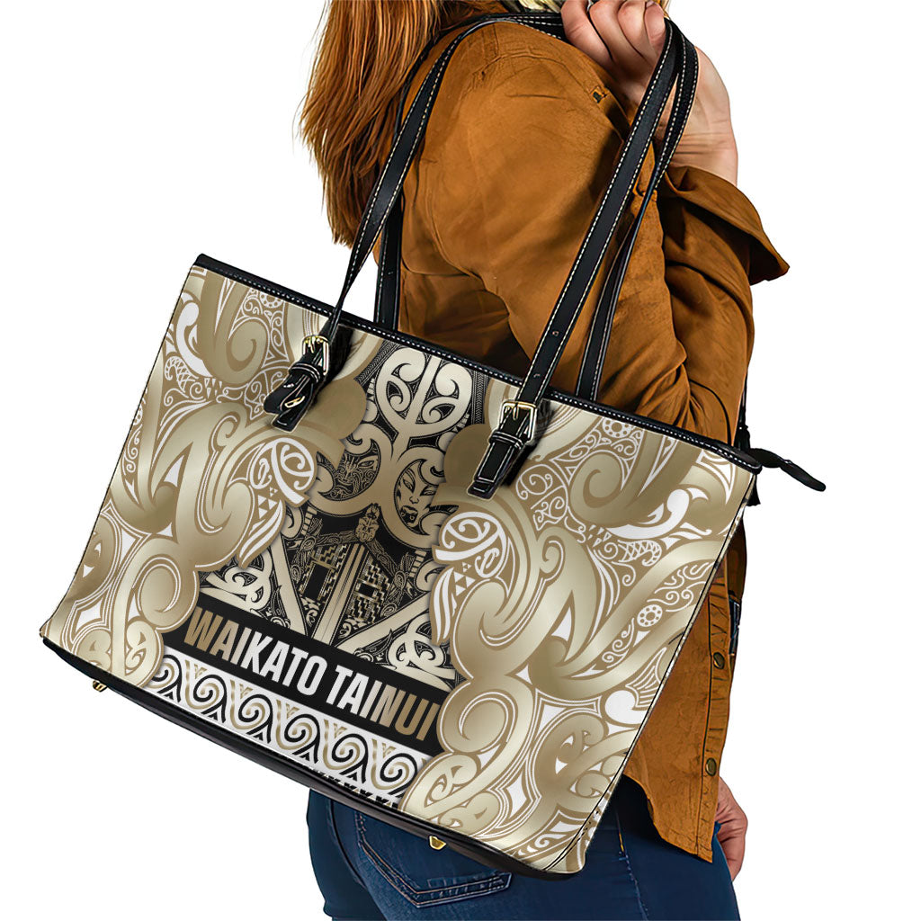 Aotearoa Iwi Waikato Tainui Leather Tote Bag Maori Wharenui House Tribal Pattern