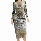 Aotearoa Iwi Waikato Tainui Long Sleeve Bodycon Dress Maori Wharenui House Tribal Pattern
