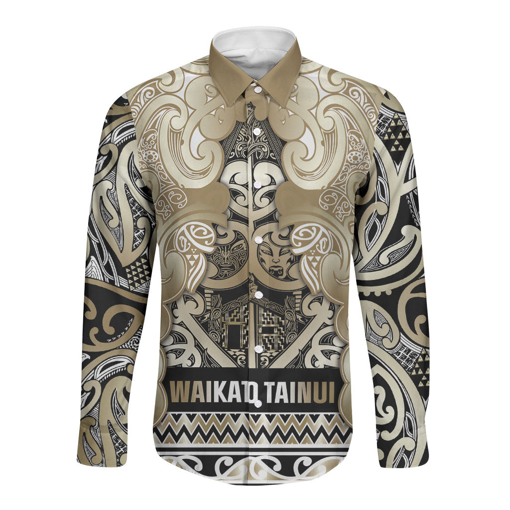 Aotearoa Iwi Waikato Tainui Long Sleeve Button Shirt Maori Wharenui House Tribal Pattern