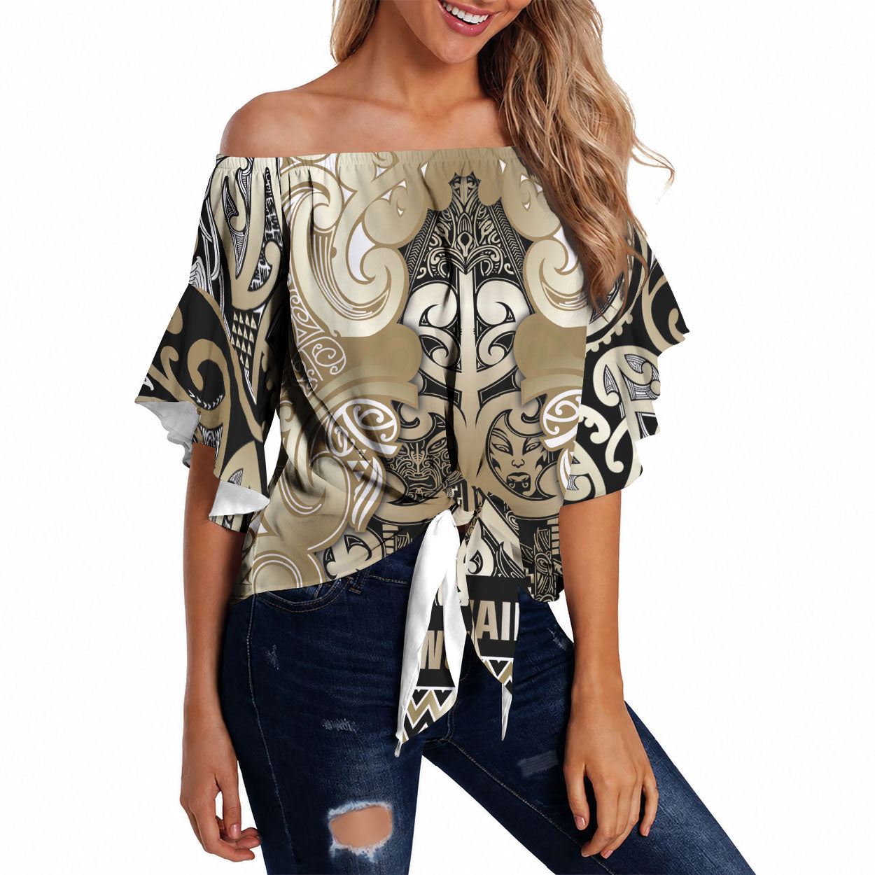 Aotearoa Iwi Waikato Tainui Off Shoulder Wrap Waist Top Maori Wharenui House Tribal Pattern