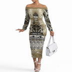 Aotearoa Iwi Waikato Tainui Off The Shoulder Long Sleeve Dress Maori Wharenui House Tribal Pattern
