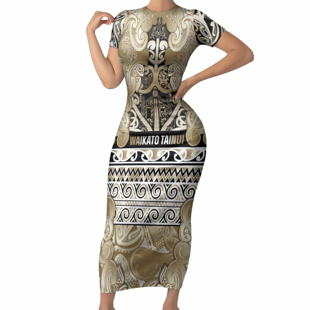 Aotearoa Iwi Waikato Tainui Short Sleeve Bodycon Dress Maori Wharenui House Tribal Pattern