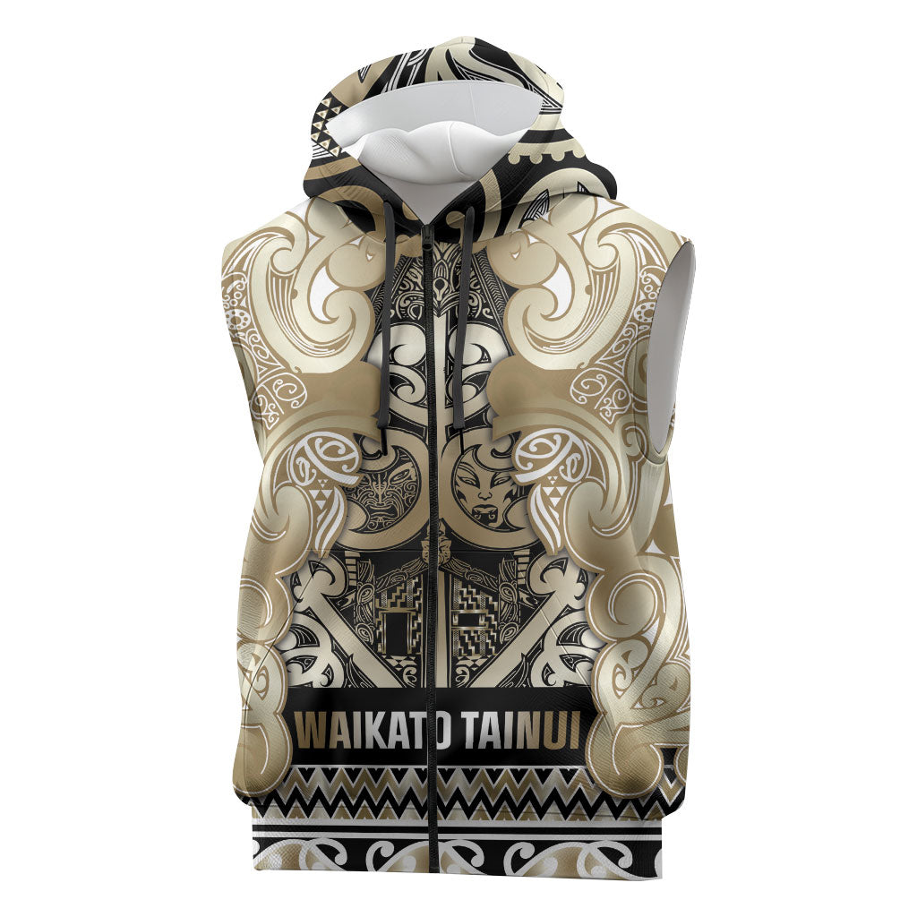 Aotearoa Iwi Waikato Tainui Sleeveless Zip Hoodie Maori Wharenui House Tribal Pattern