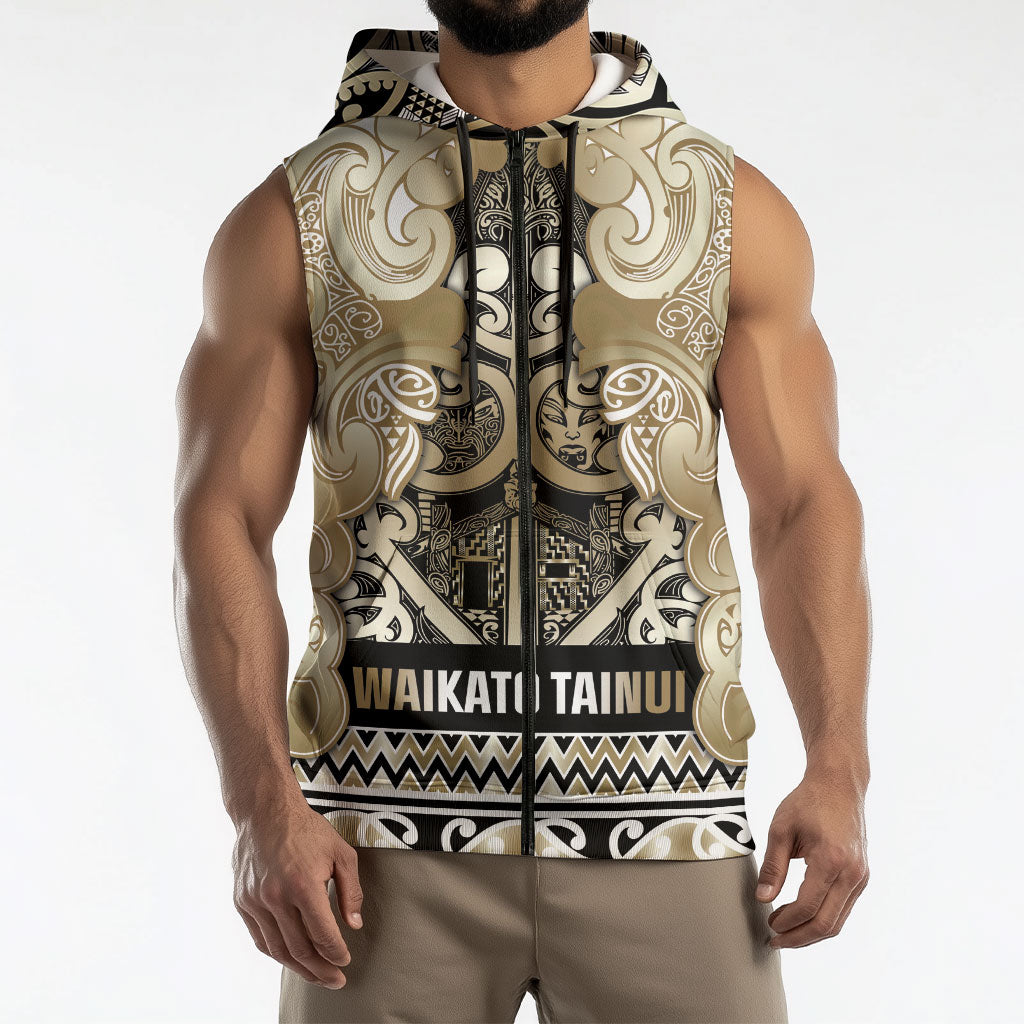 Aotearoa Iwi Waikato Tainui Sleeveless Zip Hoodie Maori Wharenui House Tribal Pattern