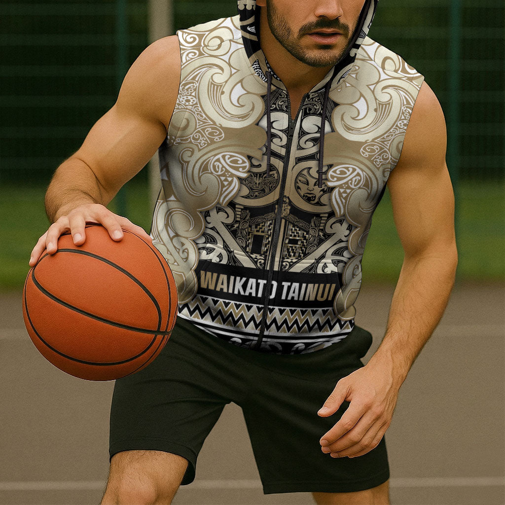 Aotearoa Iwi Waikato Tainui Sleeveless Zip Hoodie Maori Wharenui House Tribal Pattern