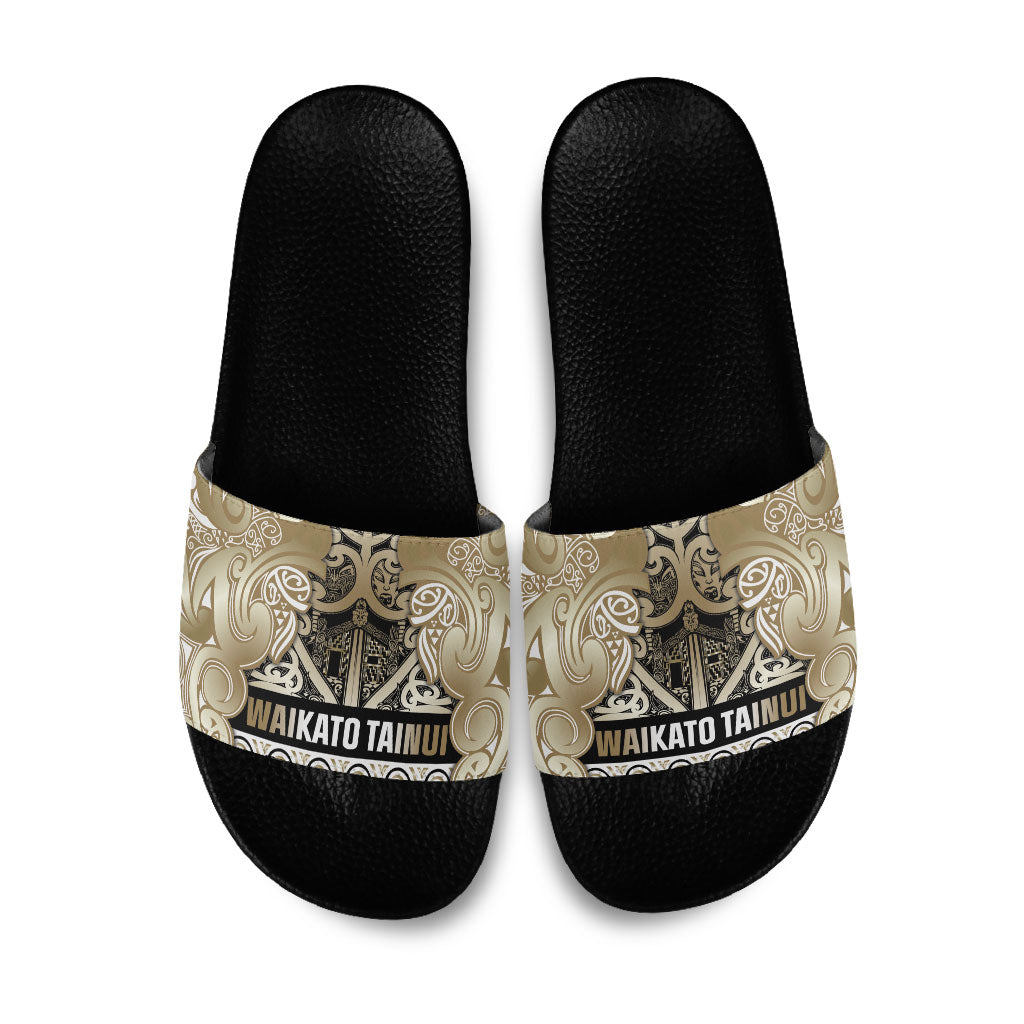 Aotearoa Iwi Waikato Tainui Slide Sandals Maori Wharenui House Tribal Pattern