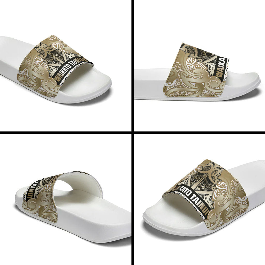 Aotearoa Iwi Waikato Tainui Slide Sandals Maori Wharenui House Tribal Pattern