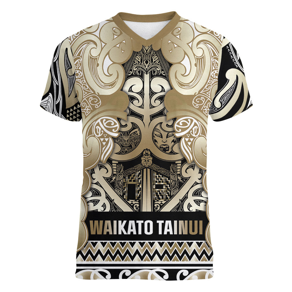 Aotearoa Iwi Waikato Tainui Women V-Neck T-Shirt Maori Wharenui House Tribal Pattern