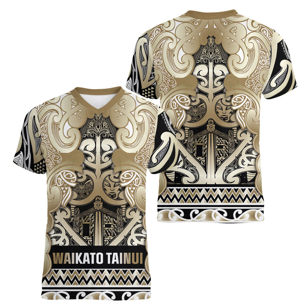 Aotearoa Iwi Waikato Tainui Women V-Neck T-Shirt Maori Wharenui House Tribal Pattern
