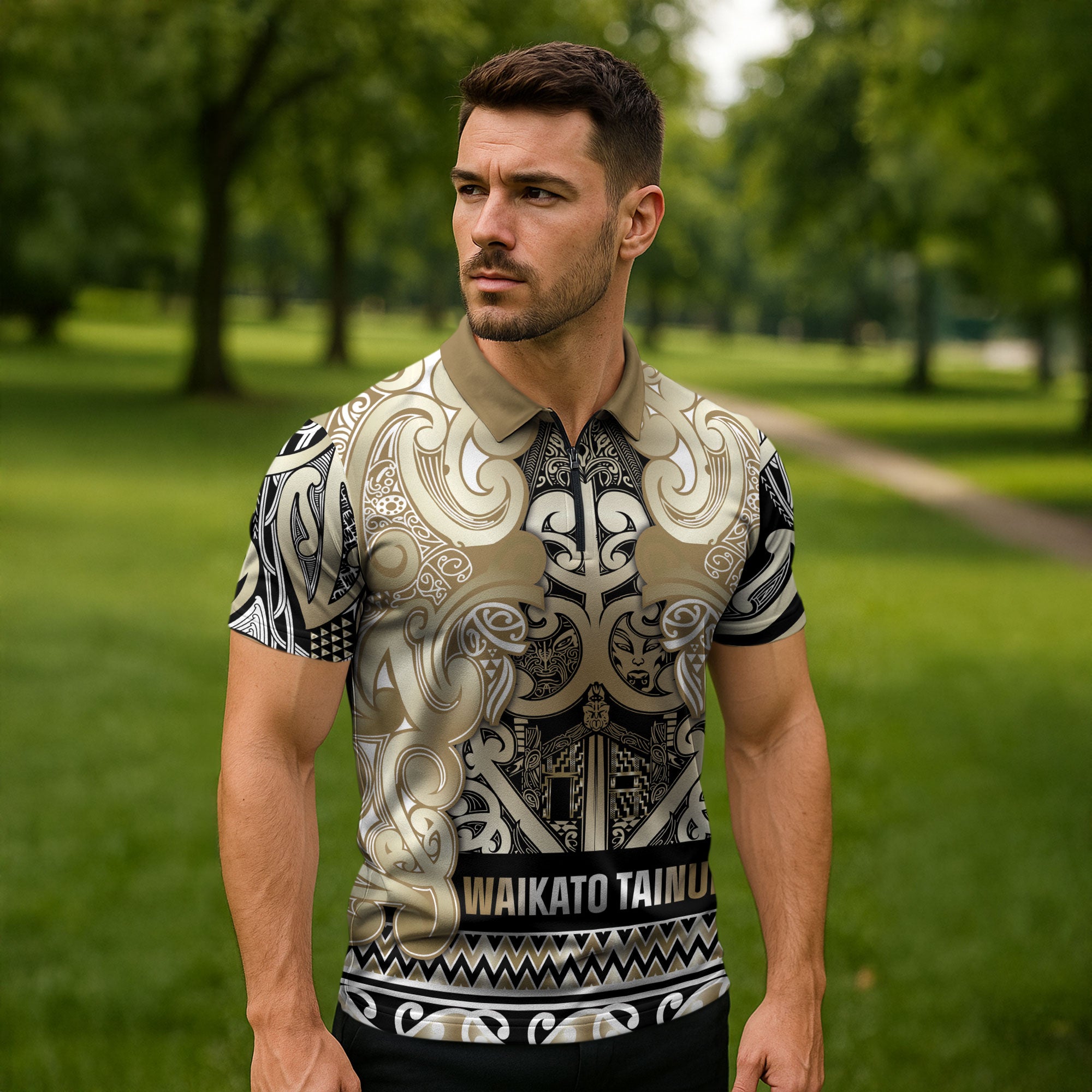 Aotearoa Iwi Waikato Tainui Zipper Polo Shirt Maori Wharenui House Tribal Pattern