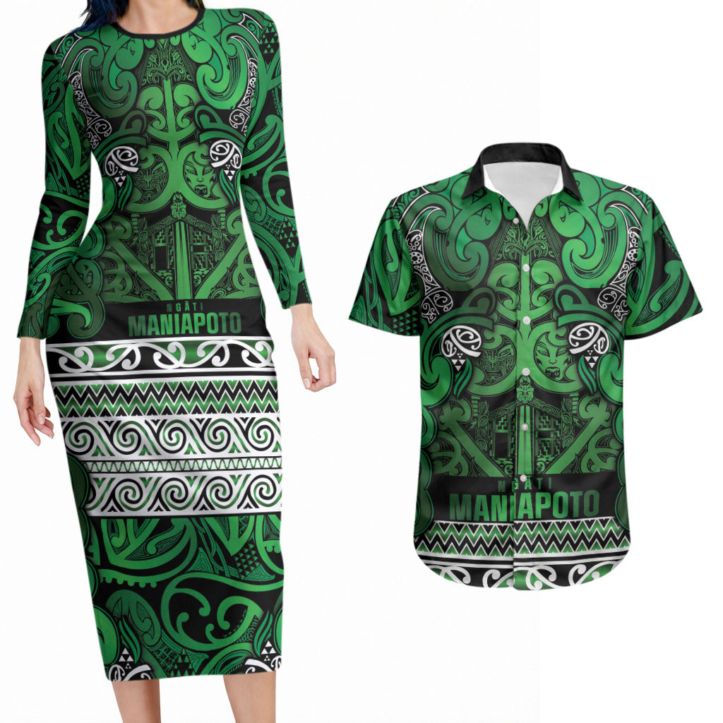 Aotearoa Iwi Ngati Maniapoto Couples Matching Long Sleeve Bodycon Dress and Hawaiian Shirt Maori Wharenui House Tribal Pattern