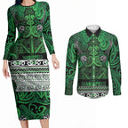 Aotearoa Iwi Ngati Maniapoto Couples Matching Long Sleeve Bodycon Dress and Long Sleeve Button Shirt Maori Wharenui House Tribal Pattern