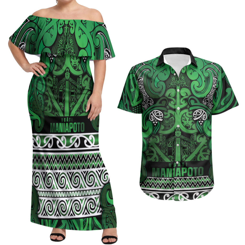 Aotearoa Iwi Ngati Maniapoto Couples Matching Off Shoulder Maxi Dress and Hawaiian Shirt Maori Wharenui House Tribal Pattern