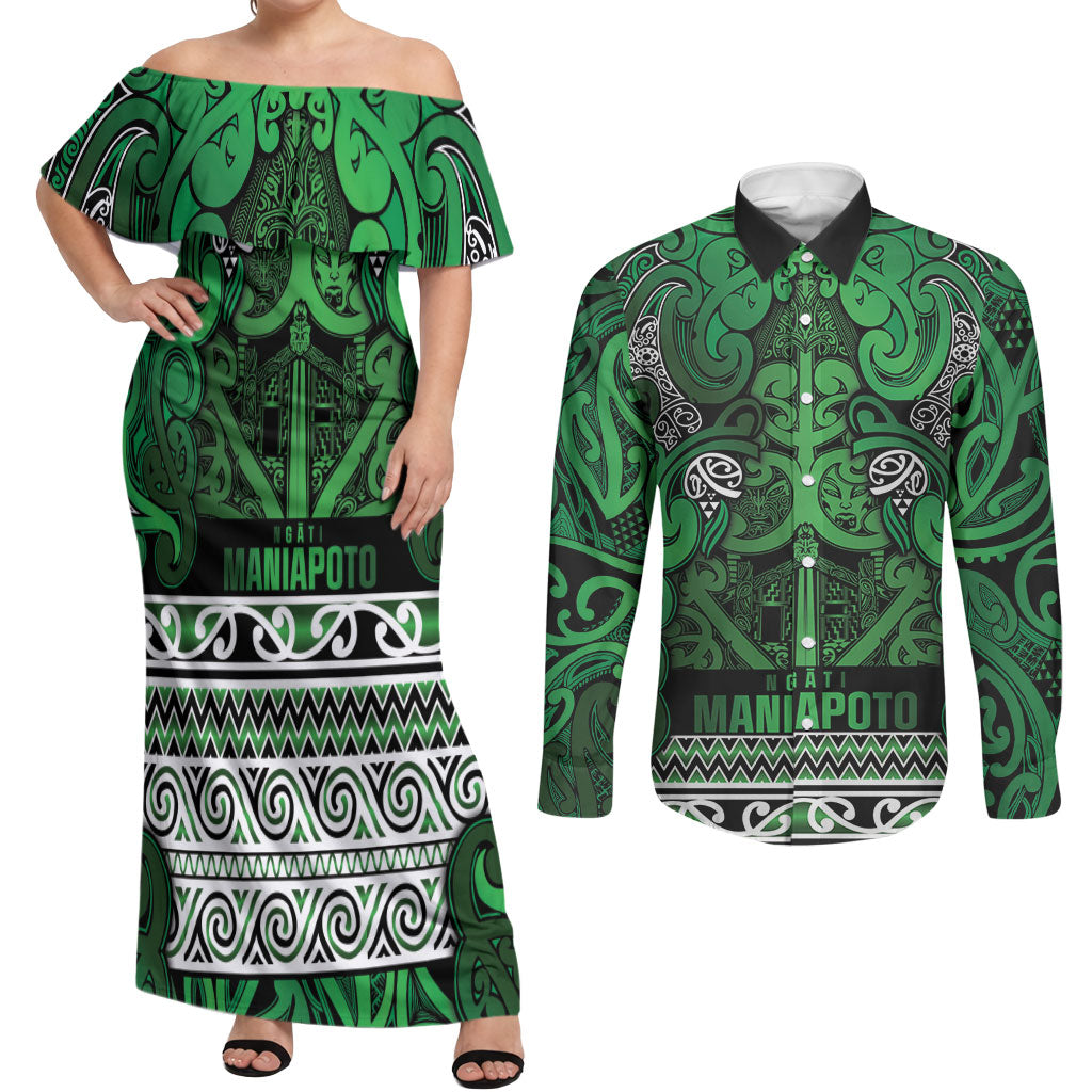 Aotearoa Iwi Ngati Maniapoto Couples Matching Off Shoulder Maxi Dress and Long Sleeve Button Shirt Maori Wharenui House Tribal Pattern