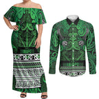 Aotearoa Iwi Ngati Maniapoto Couples Matching Off Shoulder Maxi Dress and Long Sleeve Button Shirt Maori Wharenui House Tribal Pattern