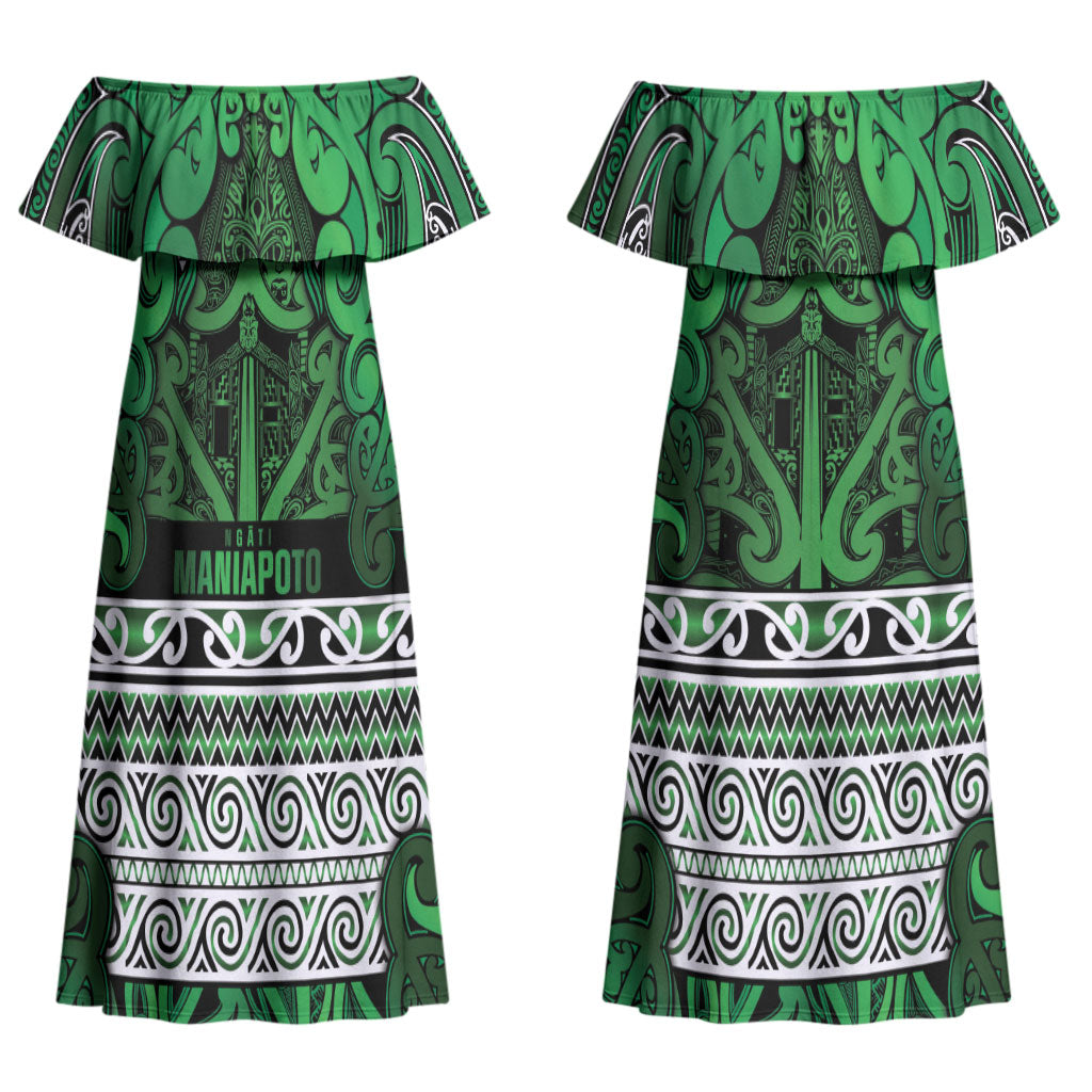 Aotearoa Iwi Ngati Maniapoto Couples Matching Off Shoulder Maxi Dress and Long Sleeve Button Shirt Maori Wharenui House Tribal Pattern
