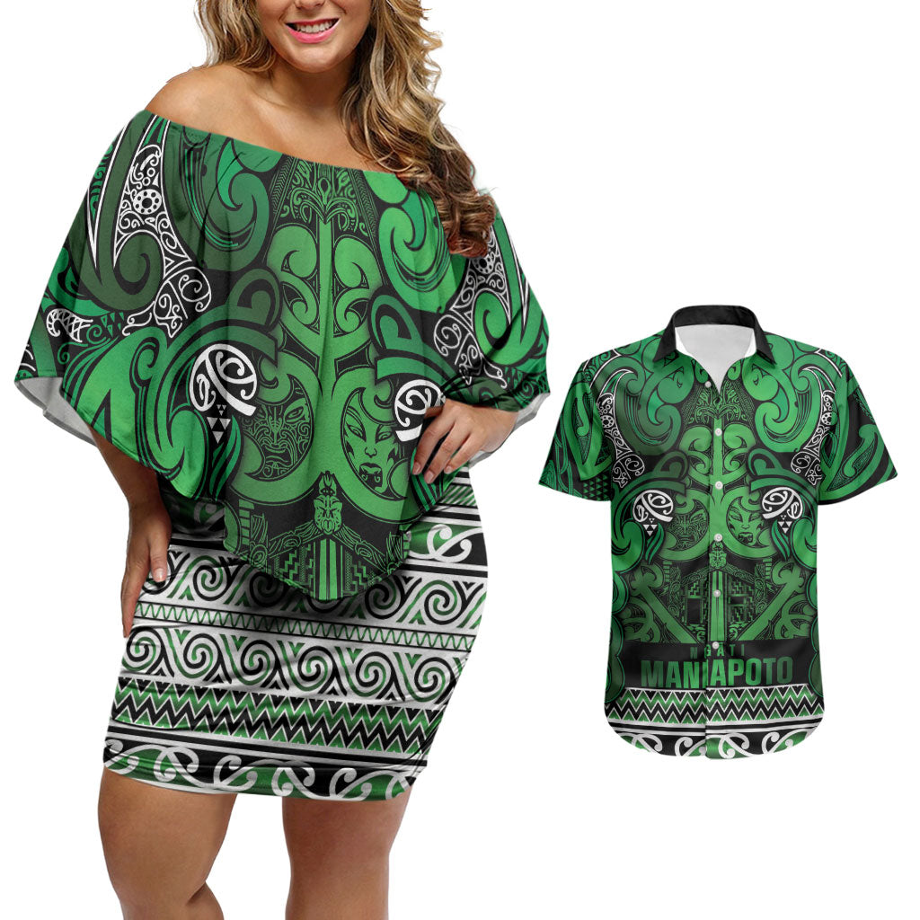 Aotearoa Iwi Ngati Maniapoto Couples Matching Off Shoulder Short Dress and Hawaiian Shirt Maori Wharenui House Tribal Pattern