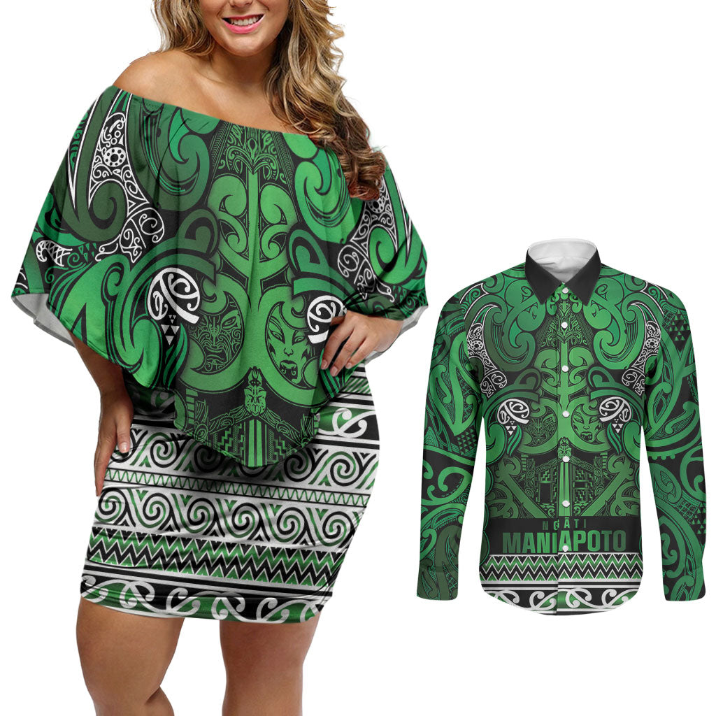 Aotearoa Iwi Ngati Maniapoto Couples Matching Off Shoulder Short Dress and Long Sleeve Button Shirt Maori Wharenui House Tribal Pattern