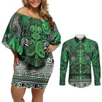 Aotearoa Iwi Ngati Maniapoto Couples Matching Off Shoulder Short Dress and Long Sleeve Button Shirt Maori Wharenui House Tribal Pattern