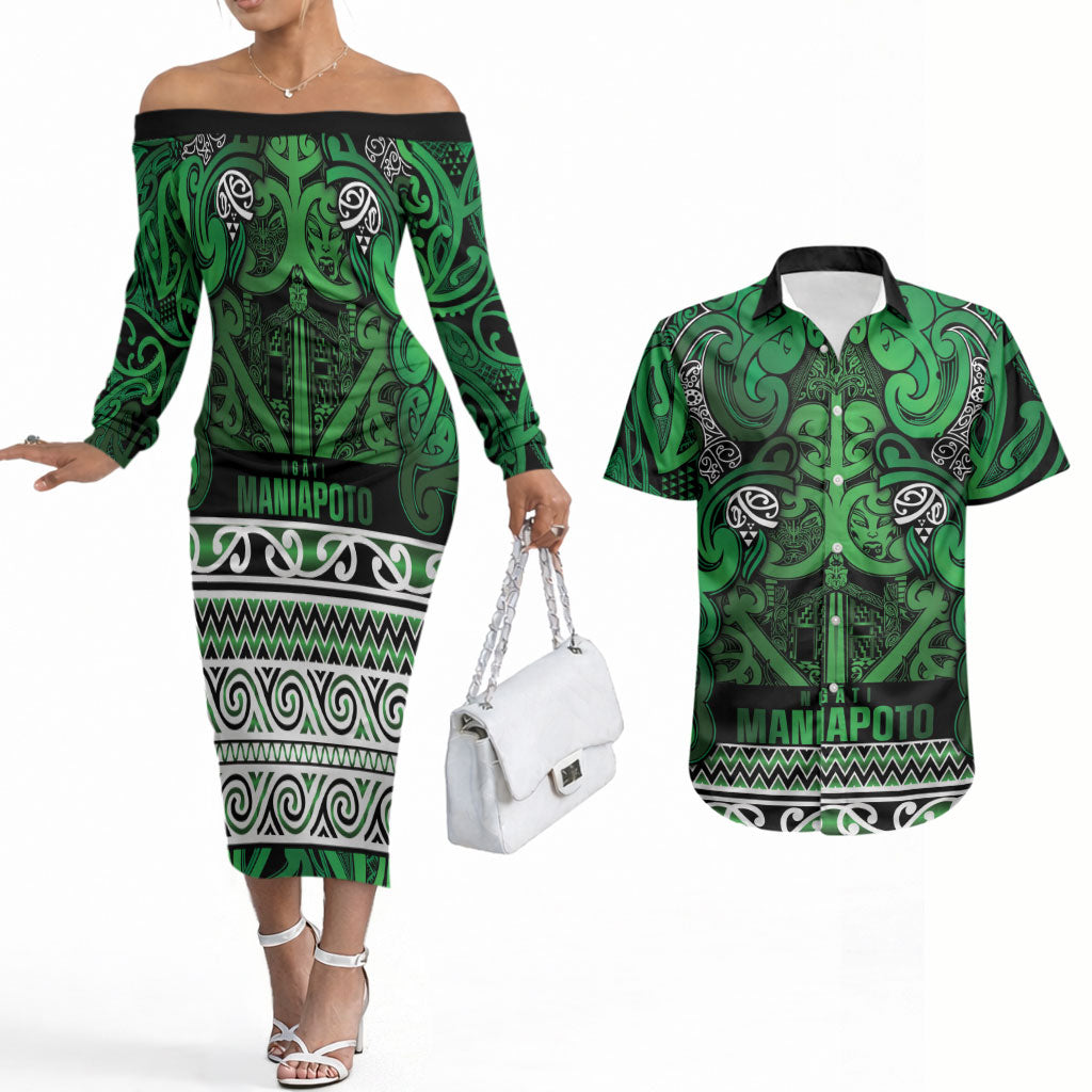 Aotearoa Iwi Ngati Maniapoto Couples Matching Off The Shoulder Long Sleeve Dress and Hawaiian Shirt Maori Wharenui House Tribal Pattern