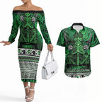 Aotearoa Iwi Ngati Maniapoto Couples Matching Off The Shoulder Long Sleeve Dress and Hawaiian Shirt Maori Wharenui House Tribal Pattern