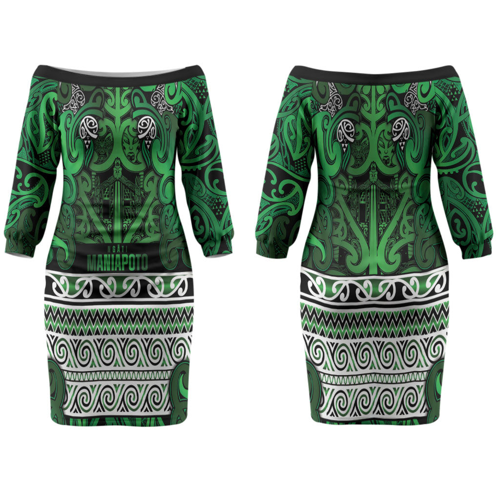 Aotearoa Iwi Ngati Maniapoto Couples Matching Off The Shoulder Long Sleeve Dress and Hawaiian Shirt Maori Wharenui House Tribal Pattern