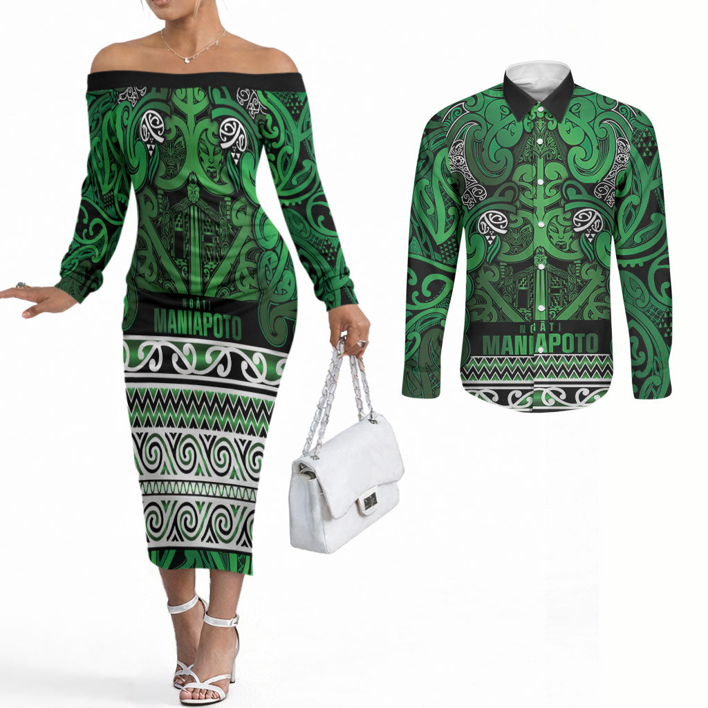 Aotearoa Iwi Ngati Maniapoto Couples Matching Off The Shoulder Long Sleeve Dress and Long Sleeve Button Shirt Maori Wharenui House Tribal Pattern