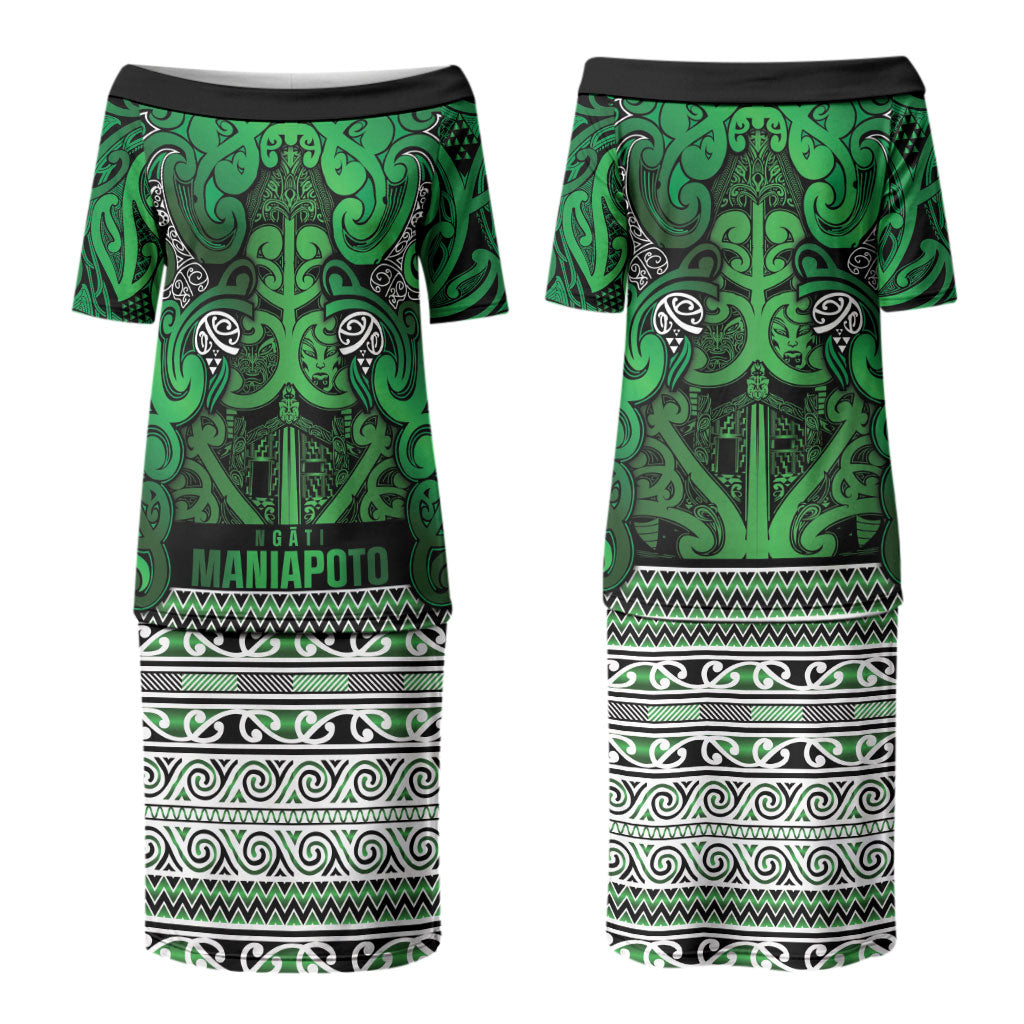 Aotearoa Iwi Ngati Maniapoto Couples Matching Puletasi and Long Sleeve Button Shirt Maori Wharenui House Tribal Pattern