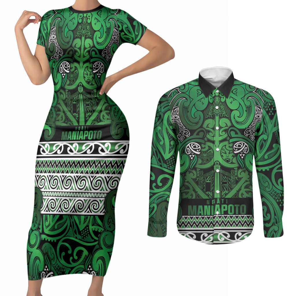 Aotearoa Iwi Ngati Maniapoto Couples Matching Short Sleeve Bodycon Dress and Long Sleeve Button Shirt Maori Wharenui House Tribal Pattern