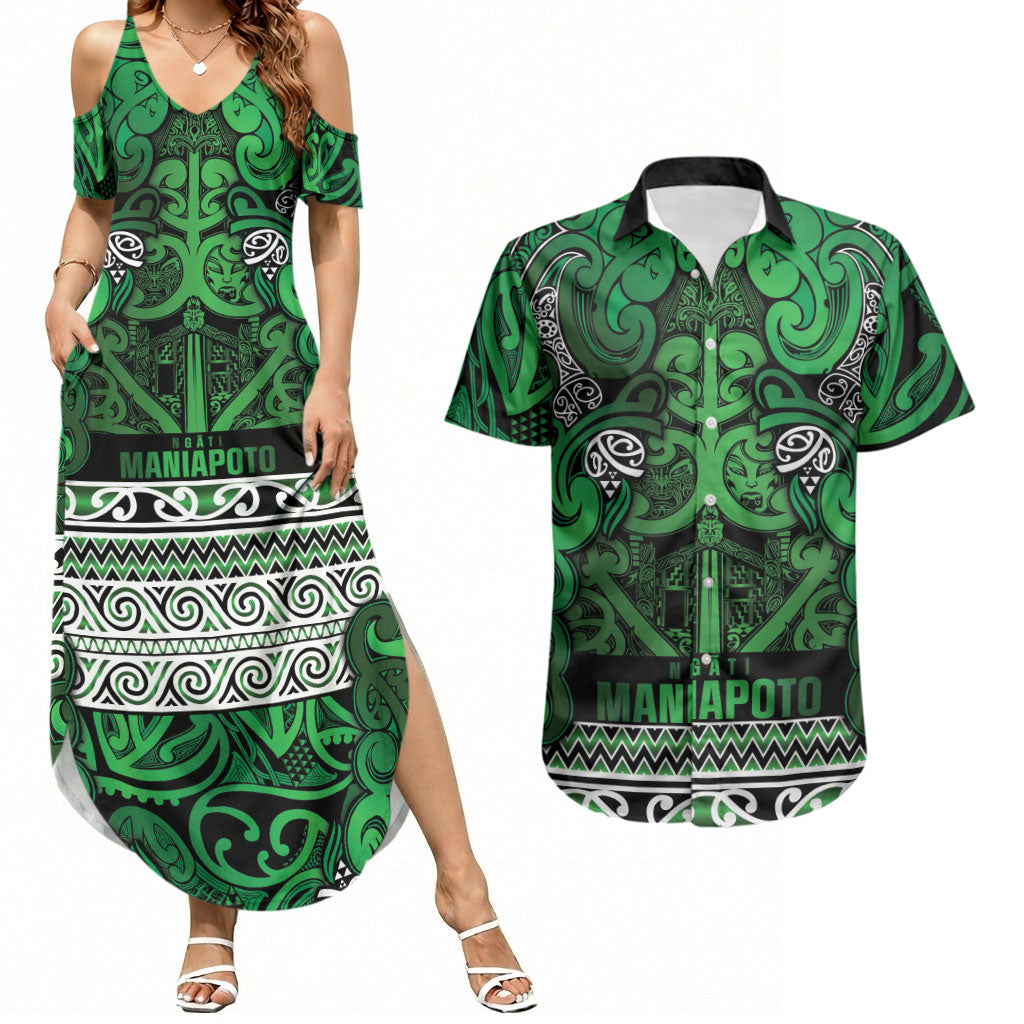 Aotearoa Iwi Ngati Maniapoto Couples Matching Summer Maxi Dress and Hawaiian Shirt Maori Wharenui House Tribal Pattern