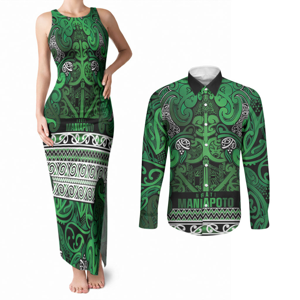 Aotearoa Iwi Ngati Maniapoto Couples Matching Tank Maxi Dress and Long Sleeve Button Shirt Maori Wharenui House Tribal Pattern