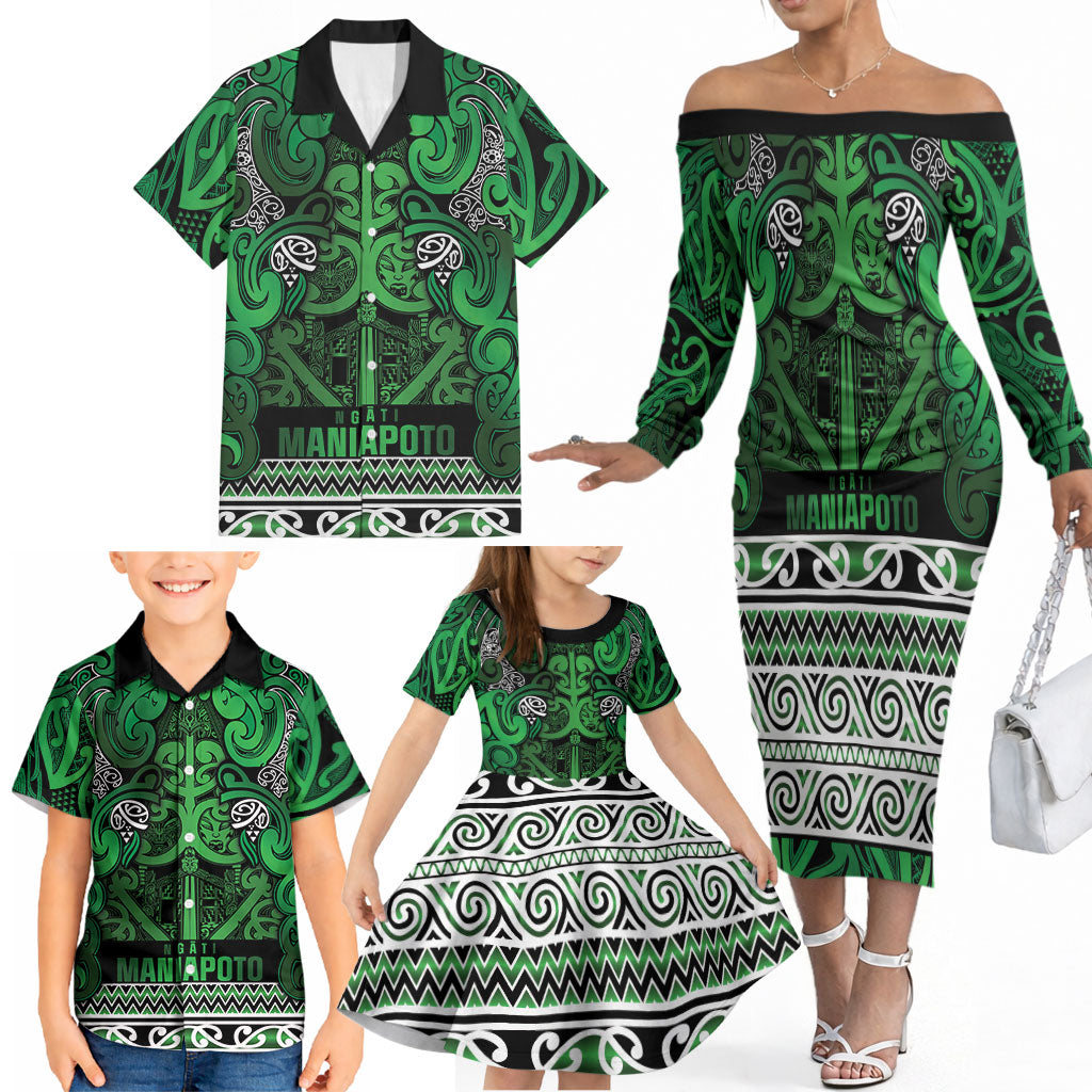 Aotearoa Iwi Ngati Maniapoto Family Matching Off The Shoulder Long Sleeve Dress and Hawaiian Shirt Maori Wharenui House Tribal Pattern