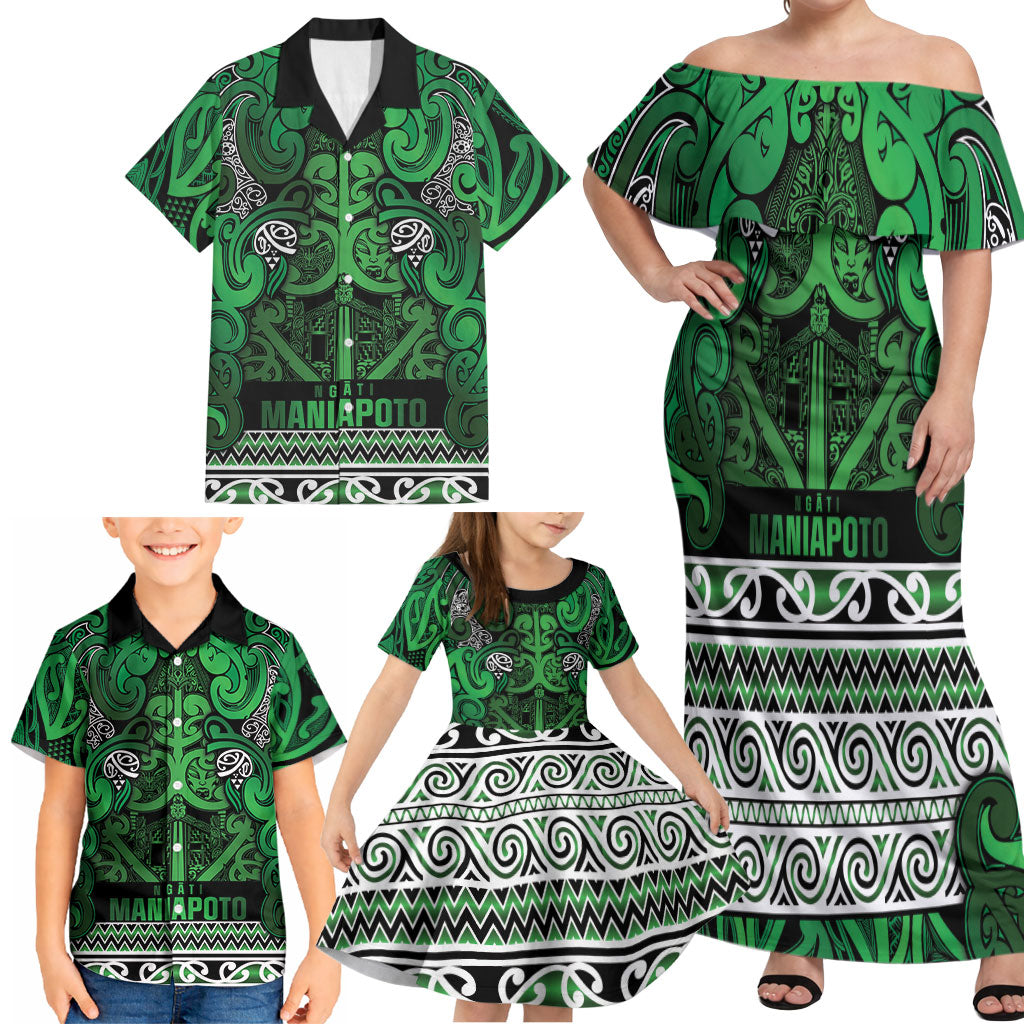 Aotearoa Iwi Ngati Maniapoto Family Matching Off Shoulder Maxi Dress and Hawaiian Shirt Maori Wharenui House Tribal Pattern