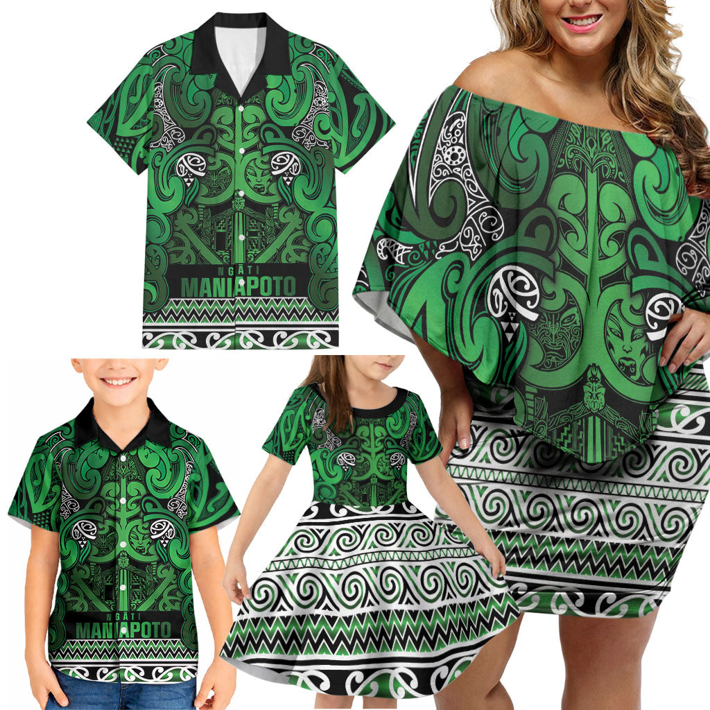 Aotearoa Iwi Ngati Maniapoto Family Matching Off Shoulder Short Dress and Hawaiian Shirt Maori Wharenui House Tribal Pattern