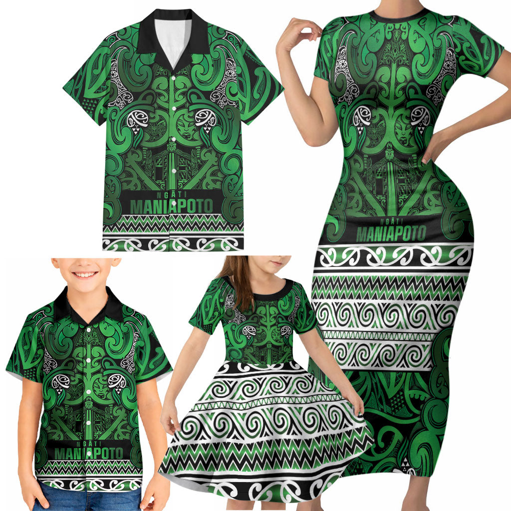 Aotearoa Iwi Ngati Maniapoto Family Matching Short Sleeve Bodycon Dress and Hawaiian Shirt Maori Wharenui House Tribal Pattern