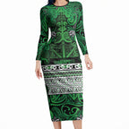 Aotearoa Iwi Ngati Maniapoto Long Sleeve Bodycon Dress Maori Wharenui House Tribal Pattern