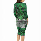 Aotearoa Iwi Ngati Maniapoto Long Sleeve Bodycon Dress Maori Wharenui House Tribal Pattern