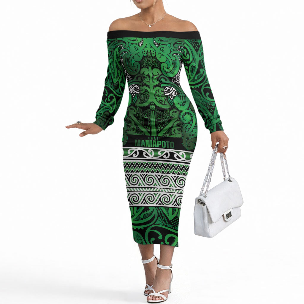 Aotearoa Iwi Ngati Maniapoto Off The Shoulder Long Sleeve Dress Maori Wharenui House Tribal Pattern
