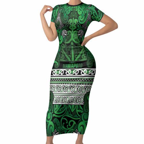 Aotearoa Iwi Ngati Maniapoto Short Sleeve Bodycon Dress Maori Wharenui House Tribal Pattern