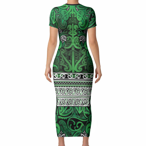 Aotearoa Iwi Ngati Maniapoto Short Sleeve Bodycon Dress Maori Wharenui House Tribal Pattern
