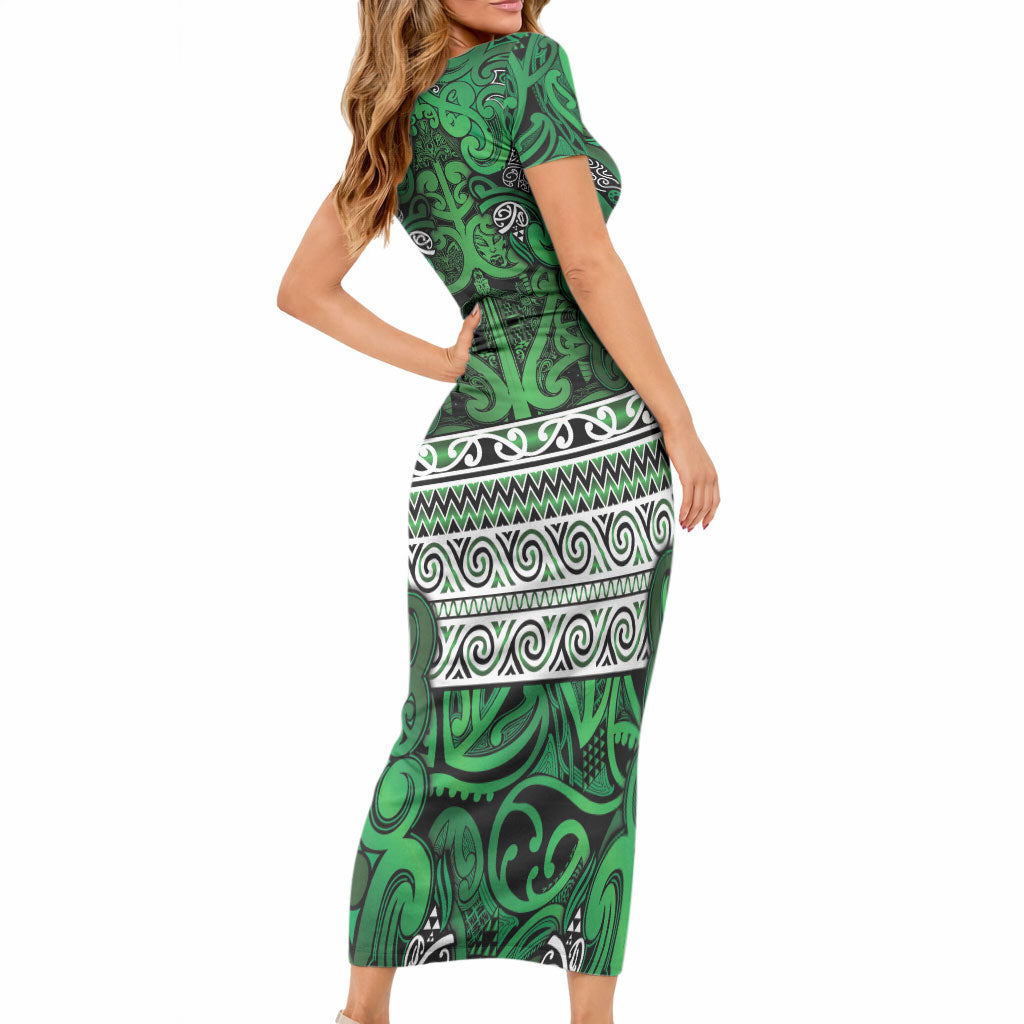 Aotearoa Iwi Ngati Maniapoto Short Sleeve Bodycon Dress Maori Wharenui House Tribal Pattern