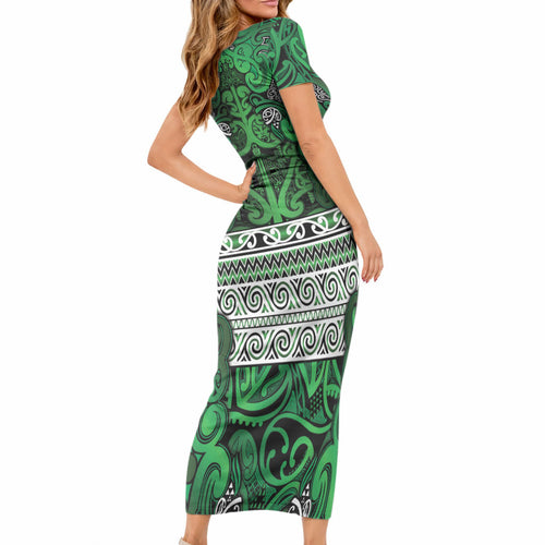 Aotearoa Iwi Ngati Maniapoto Short Sleeve Bodycon Dress Maori Wharenui House Tribal Pattern