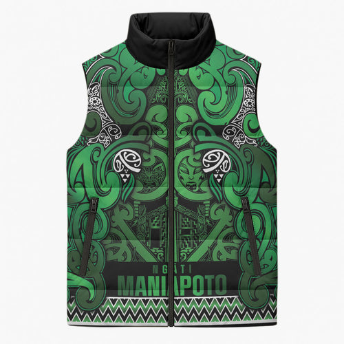 Aotearoa Iwi Ngati Maniapoto Sleeveless Puffer Jacket Maori Wharenui House Tribal Pattern