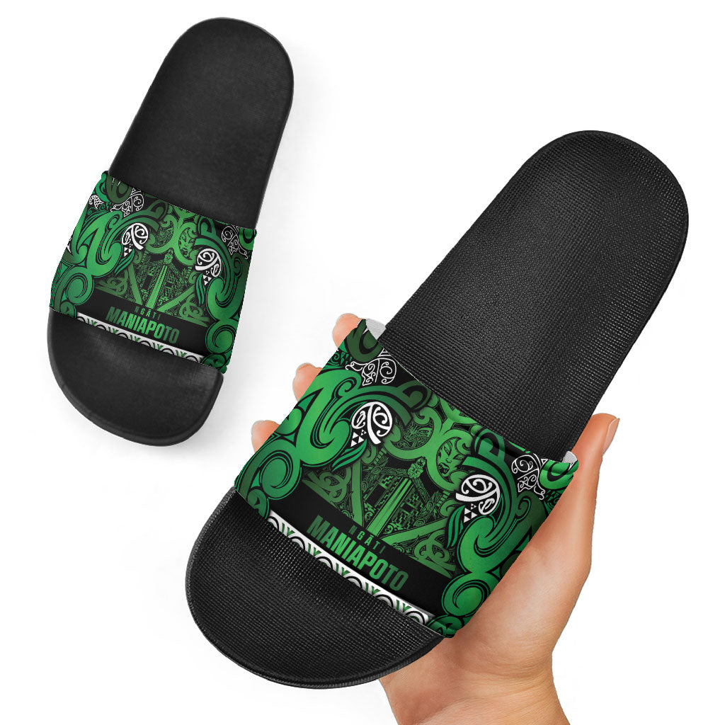 Aotearoa Iwi Ngati Maniapoto Slide Sandals Maori Wharenui House Tribal Pattern